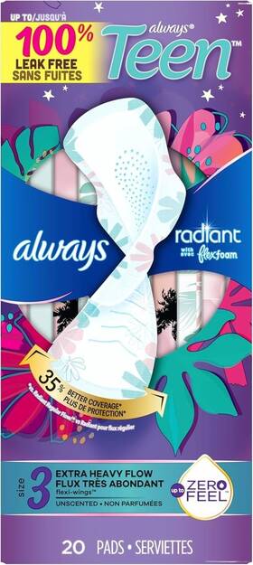 Always 030772117491 Radiant Teen Pads Size 3 Extra Heavy With Wings Unscented 20 Count