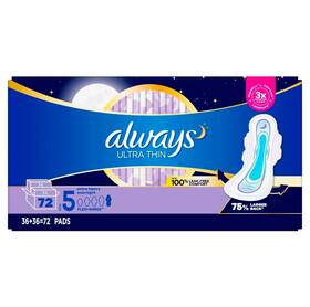 Always 037000628583 Ultra Thin Size 5 Extra Heavy Overnight Pads And Wings Unscented 72