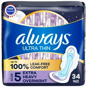 Always 037000889229 Feminine Pads Ultra Thin Size 5 Extra Heavy Overnight 34 Count Wings