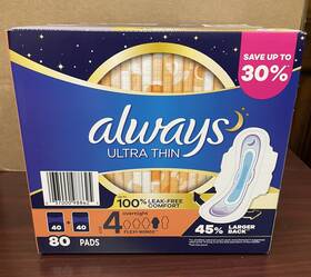 Always 037000988625 Ultra Thin Size 4 Overnight Pads With Wings Unscented 80 Total