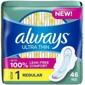 3700089029 Always Ultra Thin Feminine Pads With Wings For Women Size 1 Regular 46 Count