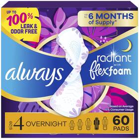 6325606506 Always Radiant Feminine Pads For Women Flexfoam Overnight Size 4 White