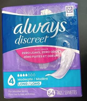 Always 796433825128 Discreet Moderate 4 Incontinence 54 Long Pads Zero Leak/odor Protection