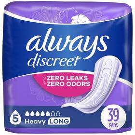 00037000887300 Always Discreet Incontinence Pads Heavy Absorbency Long 39 Ct