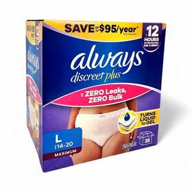 Always Discreet 030772265710 Plus Underwear For Women Maximum Protection Large 38 Count