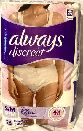 Always Discreet 037000102656 Sensitive Skin Underwear Womens S/m P/m 28 Count Pkg New