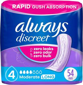 Always Discreet 313021938987 Adult Incontinence Pads For Women Drier 4 Drop Long Length Mo