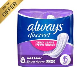 4343867895 Always Discreet Incontinence Pads Extra Heavy Overnight Long 45 Count