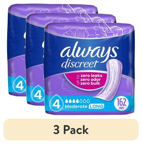 Always Discreet 460688307974 Incontinence Pads Moderate Absorbency Long 162 Ct - 3 Pack