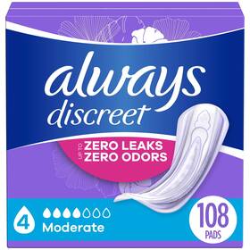 Always Discreet 629721738216 Incontinence Pads Moderate Absorbency Regular Length 108 Ct