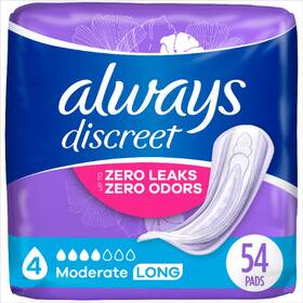 Always Discreet 629722731421 Incontinence Pads For Women Moderate Long 54 Count