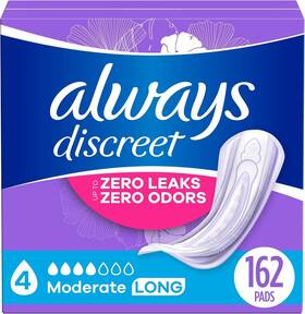 80348710-pk54 Always Discreet Womens Incontinence Pads - 4 Drop Moderate Long 162 Count