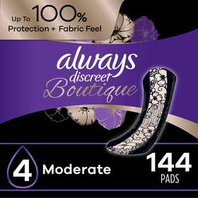 Always Discreet 972670491566 Boutique Incontinence Pads Moderate Absorbency Regular 144 Ct