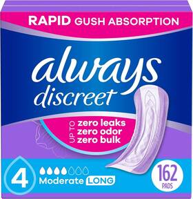 Discreet-85778002 Always Discreet Moderate Long Absorbency 4 Drop Base Pads - 162ct