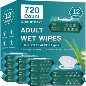 Aozita 744110261929 720 Count 12 Packs Of 60 Wipes For Adults 8 Inch X Extra Large Incontinen