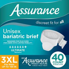 10007871 Assurance Unisex Maximum Incontinence Briefs With Tabs Bariatric 40 Count
