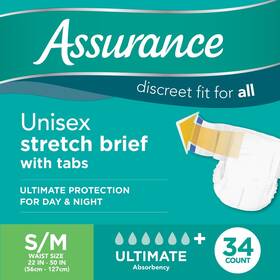Assurance 194346065400 Unisex Stretch Briefs With Adjustable Tabs Small/medium 68 Count