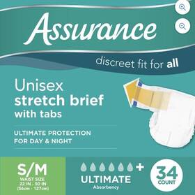 Assurance 992962617115 Small Medium 34 Ct Unisex Discrete Fit Underwear W Tabs Depends Style