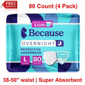 66-862 Because Incontinence Extra Absorbent Nighttime Briefs For Adult 80 Count 4 Packs Of 20