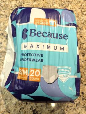 Because 810005862226 Maximum Adult Disposable Underwear Incontinence 20 Count Size S/m