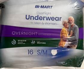 Bi-mart 071357906253 Overnight Incontinence Underwear Men Women 12 Hour S/m White 16 Count