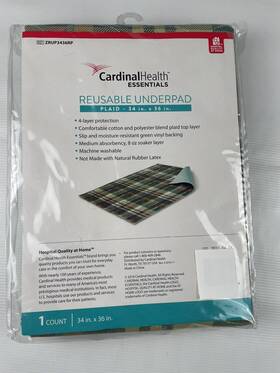 Cardinal Health Essentials 888499007348 New Plaid Reusable Washable Bed Chair Underpad Incontinence One 34 Inch X 36