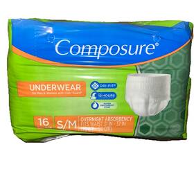 Composure 090891949816 S/m Underwear Maximum Absorbency Unisex 16 Ct Men Or Women 31-37 Inch Wais