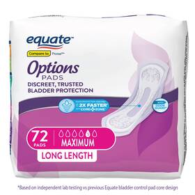 Equate 629722730721 Options Womens Incontinence Pads Maximum Absorbency Long Length 72 Count