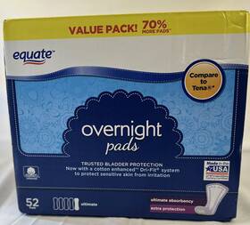 Equate 681131423168 Overnight Womens Ultimate Extra Protection Incontinence Pads 52 Count