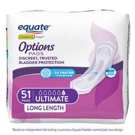 Equate 800689573051 Options Womens Incontinence Pads Ultimate Absorbency Long Length 51 Ct