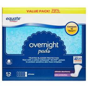 First Quality 313045150129 Equate Overnight Womens Incontinence Pads Ultimate 52 Count