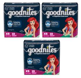 Goodnites 036000467536 Disney Princess Ariel Girls Nighttime Underwear Xs 28-43 Lbs 15ct Lot3