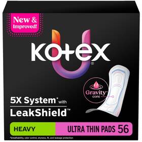 Kotex 10036000582496 Ultra Thin Pads Heavy Absorbency 56 Count Packaging One Size Core