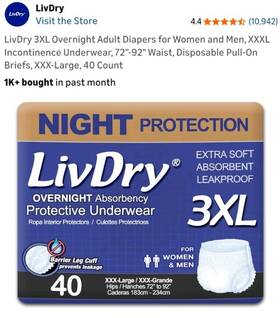 Liv040-3x Livdry Overnight Protective Underwear 3xl White 72-92 Inch Waist 40 Count