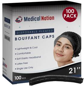 Medical Nation 840377400580 Hair Net Disposable Pleated Nets Black 100 Count Bouffant Cap