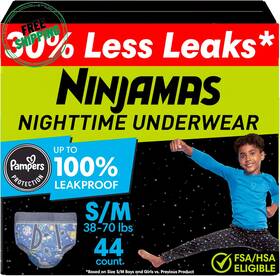 Ninjamas 313039577512 Boys Bedwetting Nighttime Underwear Size S/m 38-70 Lbs 44 Count