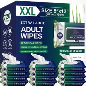 Opteel 744759821485 Adult Wipes For Elderly - 8 Inch X13 720ct 12 Packs Of 60 Huge And Soft Non-flushabl