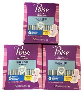 00036000463485 Poise 3box Ultra Thin Incontinence Pads Moderate Absorbency With Wings 30 Count