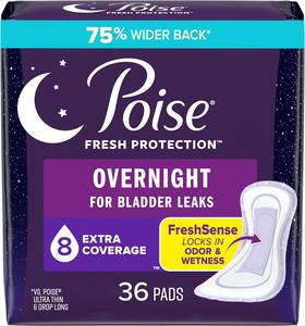 10036000549444 Poise Incontinence Pads For Women 8 Drop Overnight Absorbency Extra-coverage