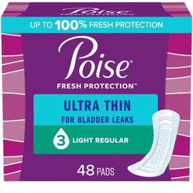 105139408 Poise Ultra Thin Incontinence Pads For Women 3 Drop Light Absorbency Regular 48 Count