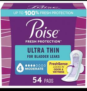 Poise 360005421270 Ultra Thin Incontinence Pads With Wings 4 Drop Moderate Absorbency 54 Ct