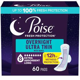 94343385 Poise Ultra-thin With Wings Long Overnight Pads - 60ct