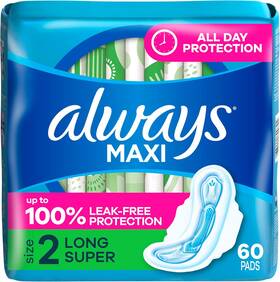 Procter & Gamble 313022872815 Always Maxi Feminine Pads With Wings For Women Size 2 Long Super Absorbency U