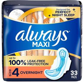 Procter & Gamble 313091558559 Always Maxi Pads Size 4 Overnight Absorbency Unscented With Wings 33 Count