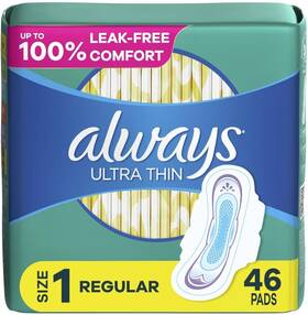 Procter & Gamble 445018424401 Always Ultra Thin Feminine Pads For Women Size 1 Regular Absorbency With Wing
