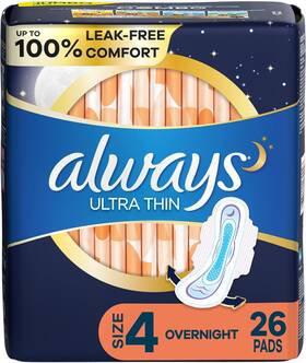 Procter & Gamble 711181255560 Always Ultra Thin Pads For Women Size 4 Overnight Absorbency Unscented With Wi