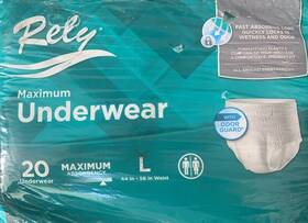 Rely 090891953011 Incontinence Maximum Underwear 20 Pack Large Size 44 Inch To 58 Waist