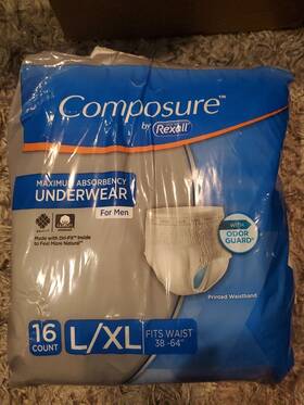 Rexall 090891948536 Composure Underwear For Men L/xl 38-64 Waist Maximum Absorbency 16 Count