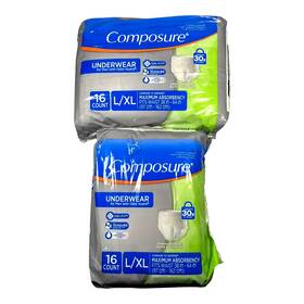 Rexall 090891953561 Composure Underwear For Men L/xl 38-64 Waist Maximum Absorbency 16 Ct - Lot Of 2