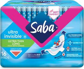 Saba 701664605647 Ultra Invisible Thin Long Pads With 96 Count 6 Packs Of 16